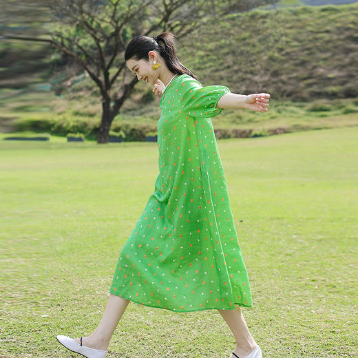 绽放旅行女装202朵/雨点裙春季小波点印花灯笼袖文艺七分袖连衣裙 商品图0