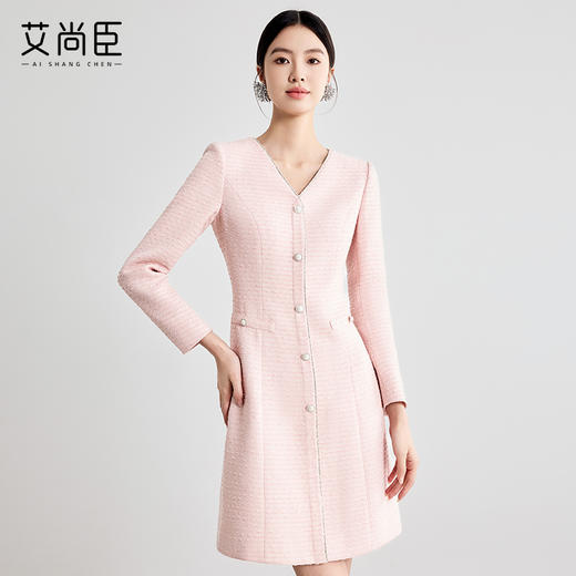 艾尚臣高级感粉色连衣裙女2025早春新款气质法式名媛中长裙工作服 商品图1