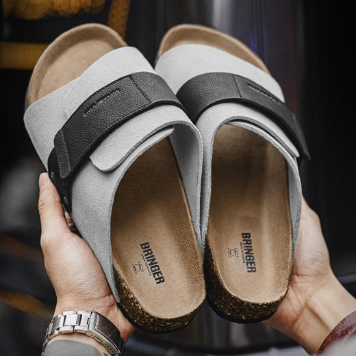 马登穆勒鞋男2025夏季新款软木一字休闲外穿凉拖鞋魔术贴 商品图0