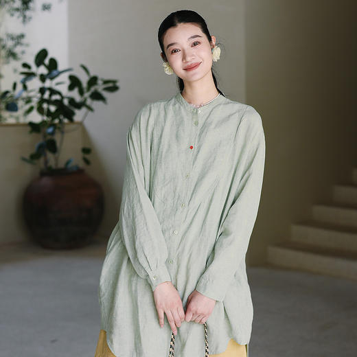 绽放旅行女装204朵/嫩芽绿衬衫色织亚麻酵磨洗小立领中长款外套 商品图1