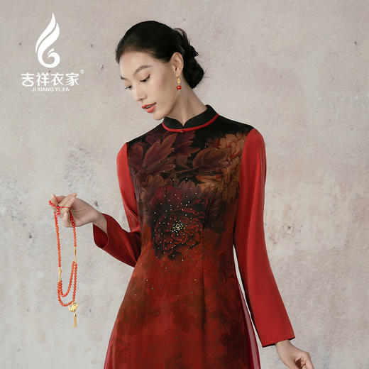吉祥衣家新中式国风春款红色高端气质显瘦修身女装天香夜染连衣裙 商品图1