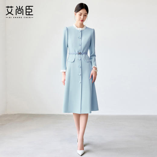 艾尚臣蓝色连衣裙女2025春新款木耳边拼色简约纯色长袖裙子工作服 商品图3