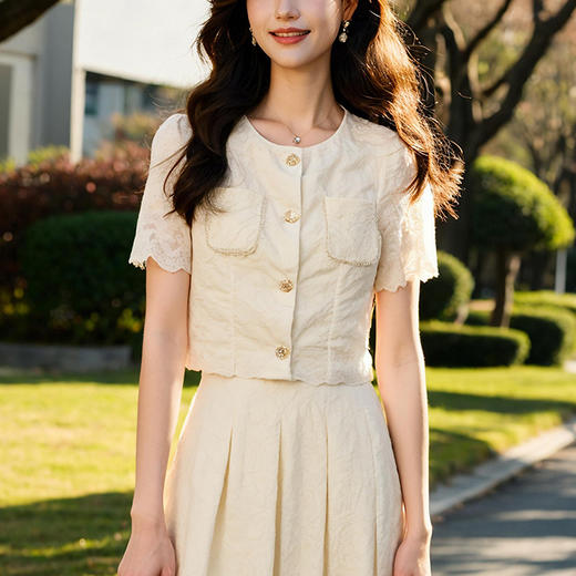 奢姿大码女装2025夏季减龄提花时尚两件套胖妹妹通勤百褶设计套装9952969331 商品图2