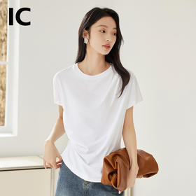 IC 白色设计感不对称褶皱收腰短袖女t恤女新款夏宽松休闲上衣