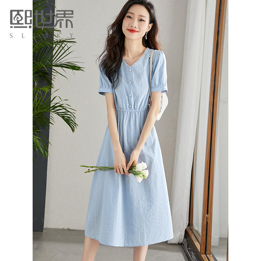 【专属特价】熙世界纯棉气质蕾丝花边V领连衣裙女夏季法式小个子显瘦收腰裙子 商品图0