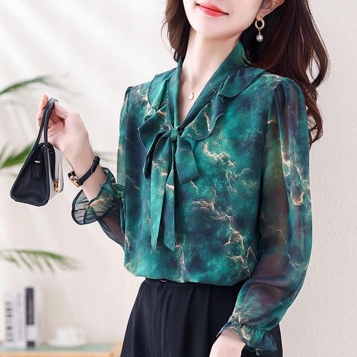 法式通勤飘带气质印花上衣，荷叶边优雅显瘦百搭衬衣KQL-E324N1413 商品图2