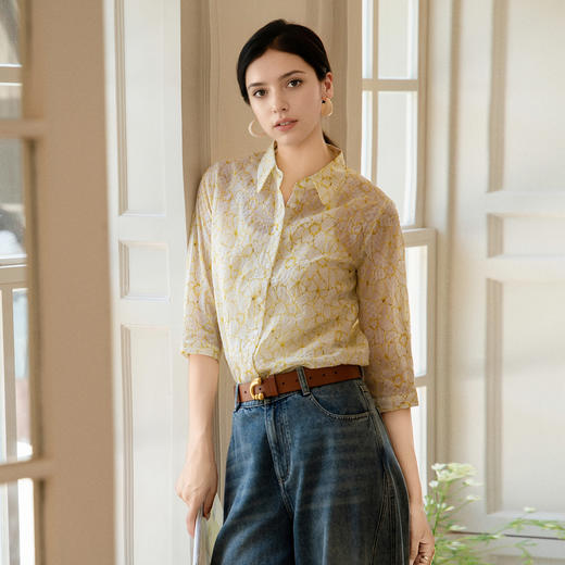 谜底小黄花衬衫七分袖女2025夏新款小清新度假合体衬衣256MC6281 商品图0