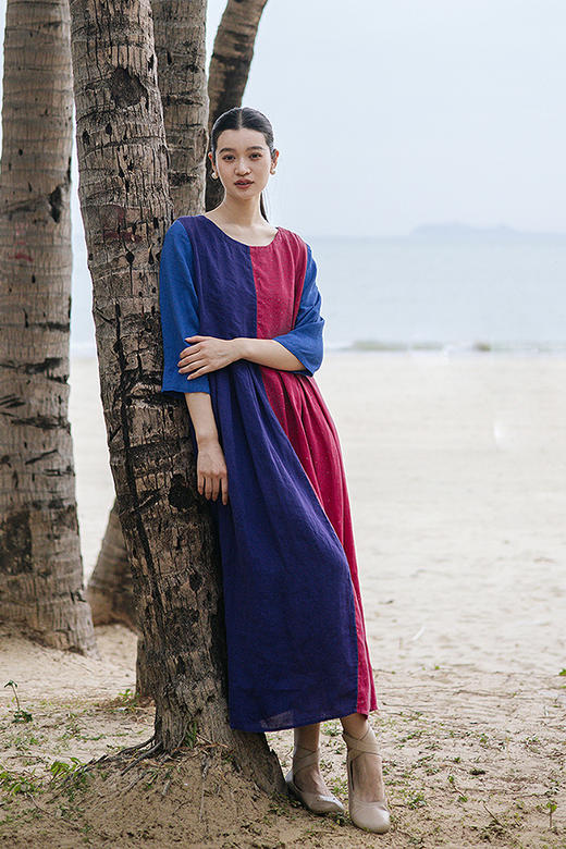 绽放旅行女装206朵/彩虹糖裙子亚麻拼接撞色前后两穿七分袖连衣裙 商品图5