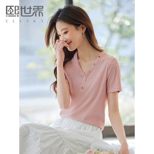 【专属特价】熙世界设计感V领T恤女短袖2025夏季新款气质肌理针织体恤粉色上衣 商品图0