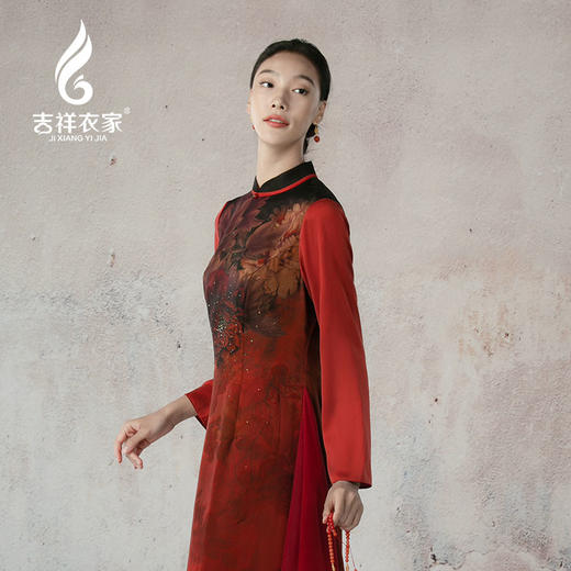 吉祥衣家新中式国风春款红色高端气质显瘦修身女装天香夜染连衣裙 商品图2