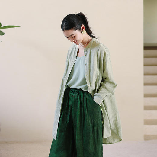绽放旅行女装204朵/嫩芽绿衬衫色织亚麻酵磨洗小立领中长款外套 商品图2