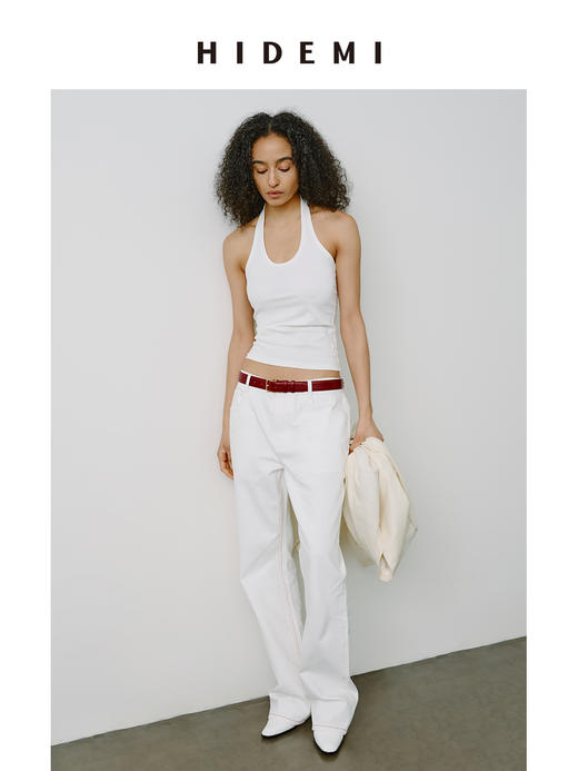 HIDEMI 都市单宁甄选白色水洗自然牛仔棉中低腰设计感红色走线直筒显瘦牛仔裤 商品图5