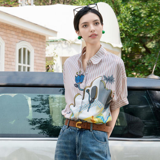 谜底条纹衬衫短袖女2025夏新款通勤风粉色定位印花衬衣256MC6242 商品图2