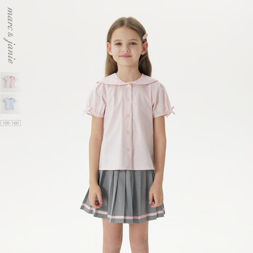 马克珍妮女童甜美泡泡袖短袖衬衫儿童纯棉衬衣2025夏装新款550826 商品图0