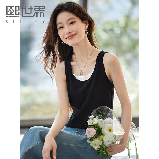 【1件9折】熙世界撞色假两件小背心女夏季外穿2025新款修身显瘦无袖吊带上衣 商品图0