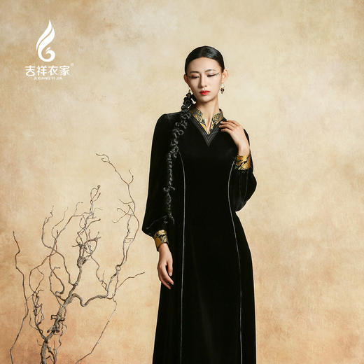 吉祥衣家新中式国风高级气质修身轻奢优雅云锦女装墨香锦年连衣裙 商品图3