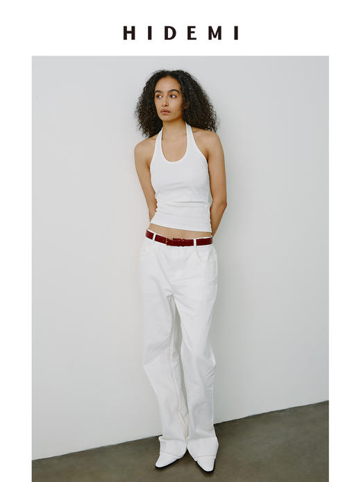 HIDEMI 都市单宁甄选白色水洗自然牛仔棉中低腰设计感红色走线直筒显瘦牛仔裤 商品图4