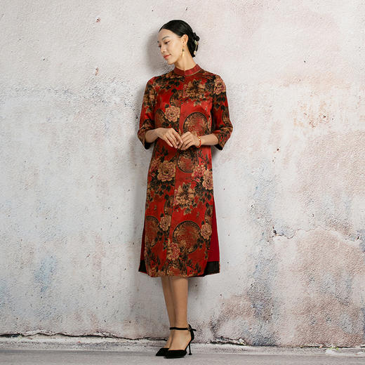 吉祥衣家新中式国风春夏新款高端气质显瘦修身女装红蕊当心连衣裙 商品图1