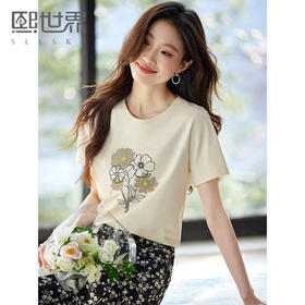 【专属特价】熙世界艺术感格桑花刺绣T恤女短袖休闲圆领显瘦上衣2025夏季新款