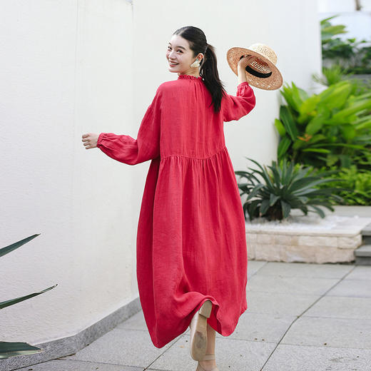 绽放旅行女装041朵/纯亚麻微皱花边领落肩长袖H型开襟文艺连衣裙 商品图2