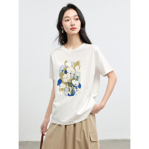 【专属特价】熙世界休闲文艺风插画印花T恤女短袖宽松圆领上衣2025年夏季新款 商品图4