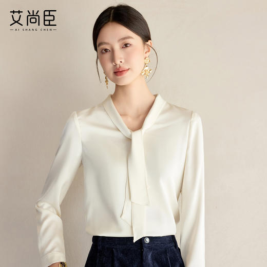 艾尚臣通勤杏色衬衣设计感小众法式小衫飘带衬衫女长袖面试上衣春 商品图1