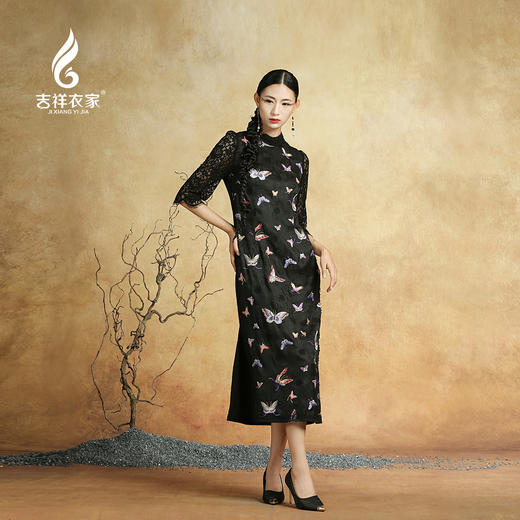 吉祥衣家新中式国风春夏新款高端气质显瘦修身女装百蝶图连衣裙 商品图4