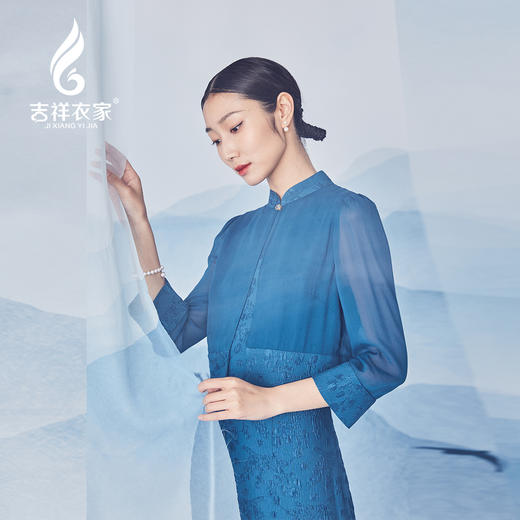 吉祥衣家中国风新中式复古女装2025春夏新款蓝色如烟若梦连衣裙 商品图4
