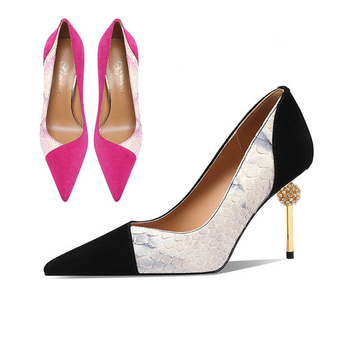 【预售7天】新款真皮气质名媛宴会高跟鞋浅口细跟高级感拼色蟒蛇皮单鞋女CX&361 商品图4