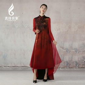 吉祥衣家新中式国风春款红色高端气质显瘦修身女装天香夜染连衣裙