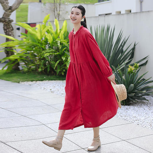 绽放旅行女装041朵/纯亚麻微皱花边领落肩长袖H型开襟文艺连衣裙 商品图1