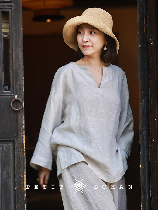 PETIT SCHAN小闪 CLO#773 self-observation 内观 亚麻雨露麻V领宽松上衣 商品图0