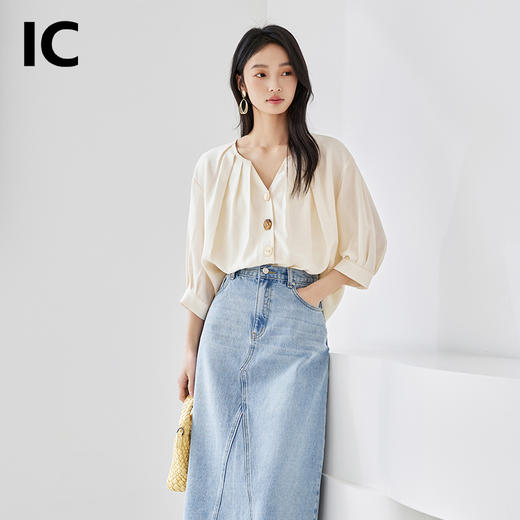 IC奶油白设计感v领露锁骨衬衫短袖显瘦上衣夏新款短款衬衣女 商品图3