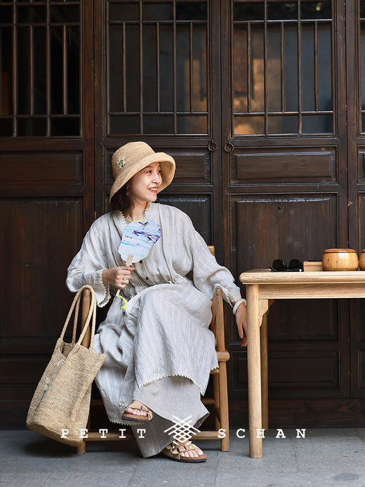 PETIT SCHAN小闪 CLO#776 where zen comes from 禅从何处来 纯亚麻法式镂空提花抽绳连衣裙外套 商品图3