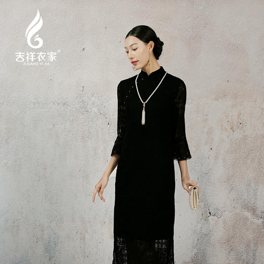 吉祥衣家新中式国风春夏款高端气质显瘦修身女装黑美人珍珠连衣裙 商品图2