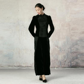 吉祥衣家新中式国风夏新款高端气质显瘦修身黑色女装寒雪未消裤子