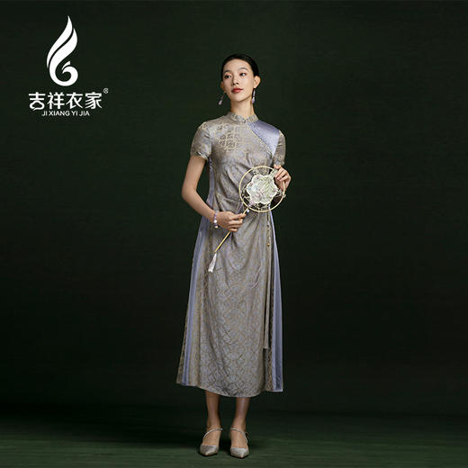吉祥衣家新中式国风春夏新款高端气质显瘦修身女装紫玉生烟连衣裙 商品图0