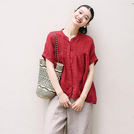 绽放旅行女装173朵/稀疏亚麻连肩中袖立领宽松版型休闲文艺衬衫 商品图1