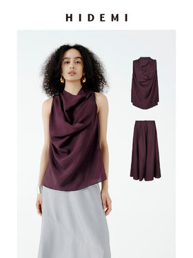 HIDEMI 极简设计感堆叠荡漾领缎面再生纤维飘逸感定染勃艮第红套装 上衣/阔腿裙裤