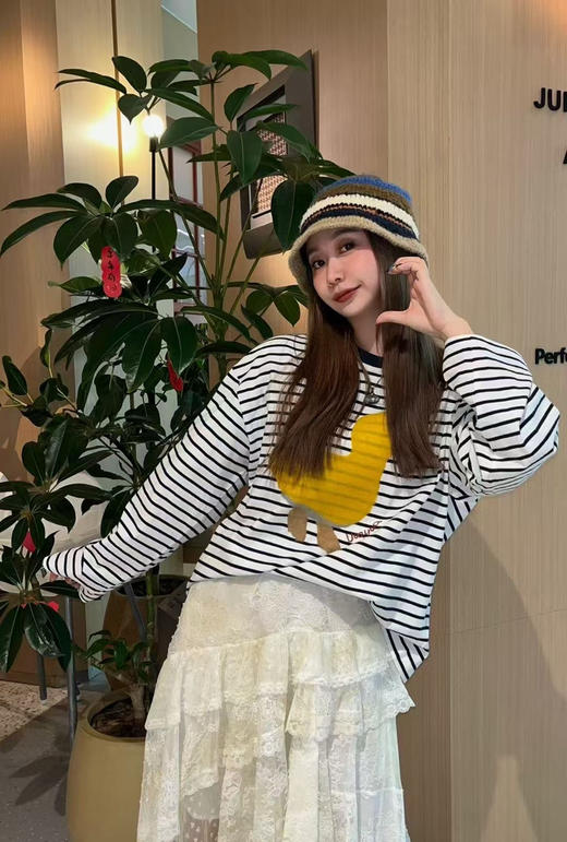 【断码 清仓 凑单】乌丫 25春季新款 可爱小黄鸭印花海魂条纹T恤 商品图7