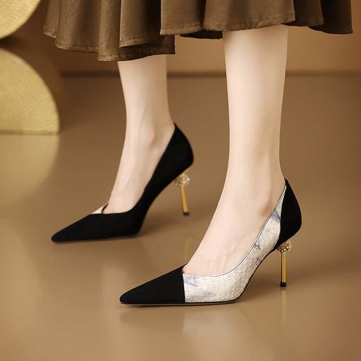 【预售7天】新款真皮气质名媛宴会高跟鞋浅口细跟高级感拼色蟒蛇皮单鞋女CX&361 商品图3