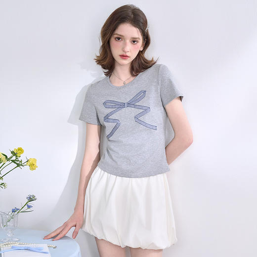经典简约百搭蝴蝶结织带短袖T恤女2025春夏弹力针织上衣V0050354 商品图4