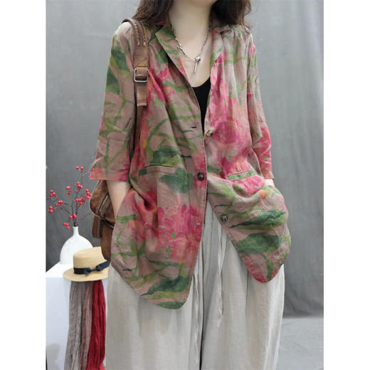 百媚生 苎麻混纺印花复古中袖休闲西服9066 商品图2