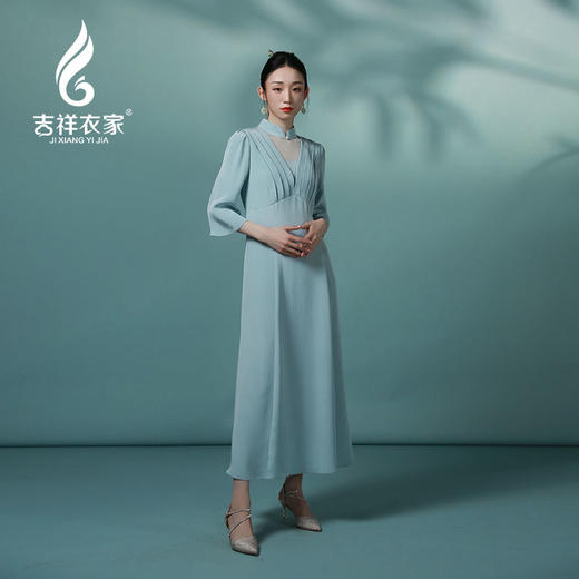 吉祥衣家中国风新中式气质高雅修身小香风女装驿桥春雨时连衣裙 商品图0