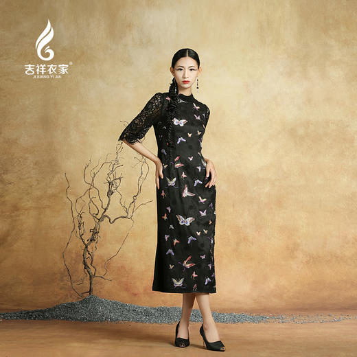 吉祥衣家新中式国风春夏新款高端气质显瘦修身女装百蝶图连衣裙 商品图2