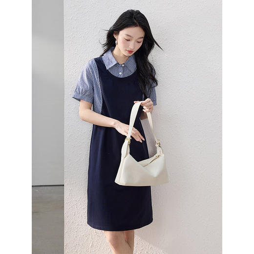 【专属特价】熙世界通勤优雅格纹衬衫领拼接裙子短袖假两件连衣裙女2025夏新款 商品图2