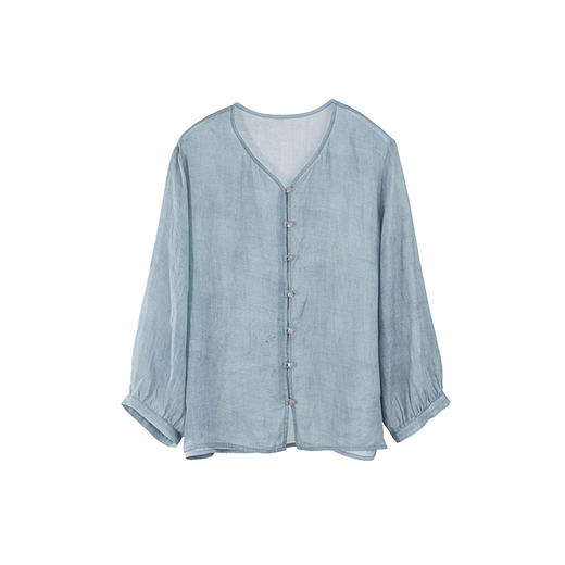 绽放旅行女装160朵/100苎麻香云纱工艺开襟短款H型V领七分袖衬衫 商品图4