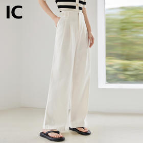 IC 白色简约透气舒适高腰直筒休闲裤女新款通勤气质百搭裤子