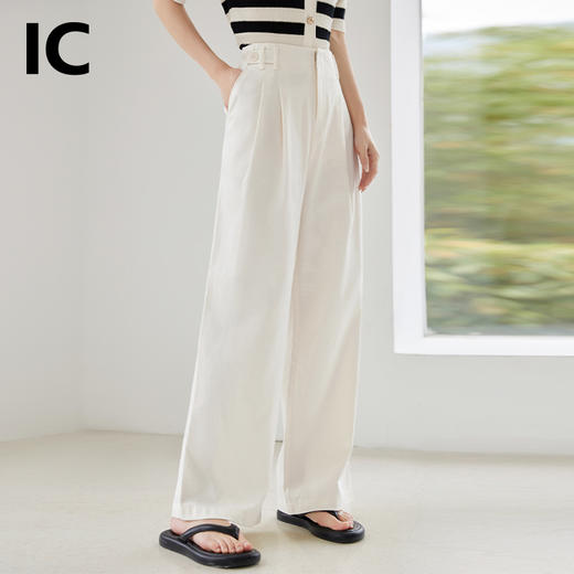 IC 白色简约透气舒适高腰直筒休闲裤女新款通勤气质百搭裤子 商品图0