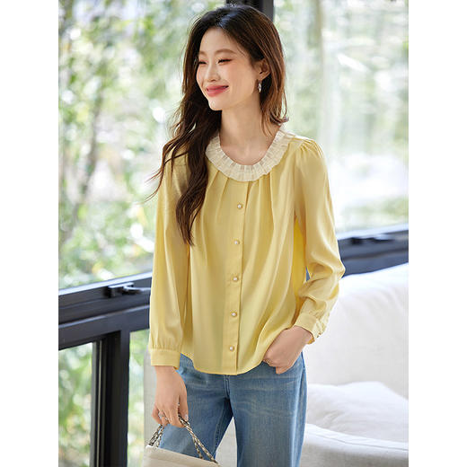 【专属特价】熙世界法式拼接花边圆领衬衫女长袖2025年春季新款通勤风气质上衣 商品图3